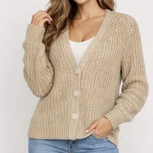 Haven Well Within Womens XL Knit Cardigan Tan Chunky Button Sweater Neutral Cozy